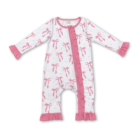 Long sleeves pink bow baby girls zipper romper ship from US