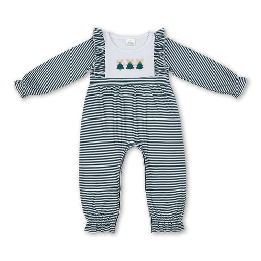 Long sleeves green stripe Christmas tree baby girls romper