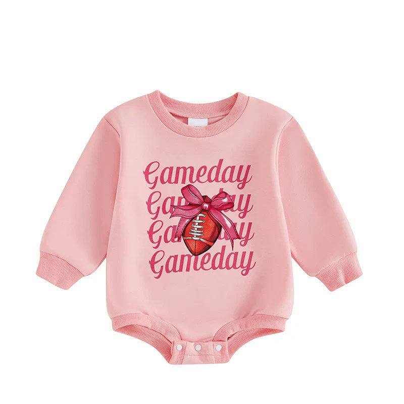 Pink long sleeves gameday football bow baby girls romper