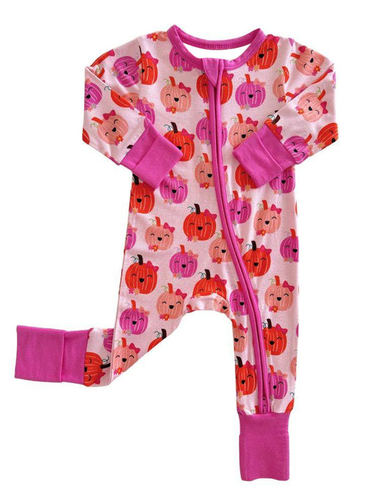 Hot pink long sleeves pumpkin baby fall zipper romper