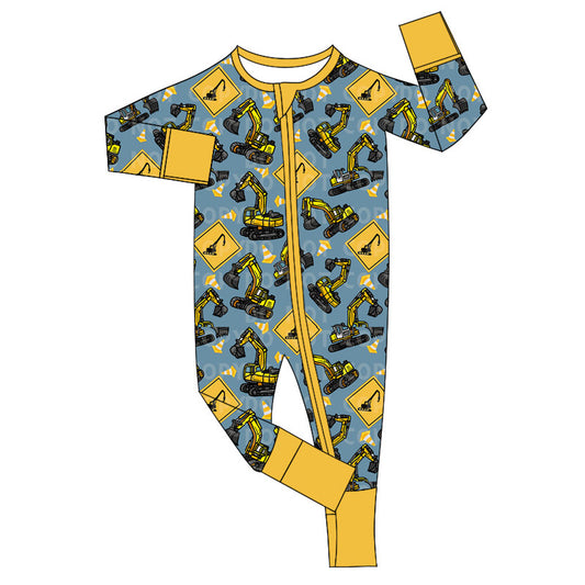 Yellow long sleeves constructions baby boy zipper romper