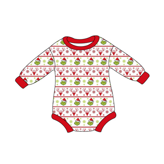 Long sleeves green face deer baby kids Christmas romper