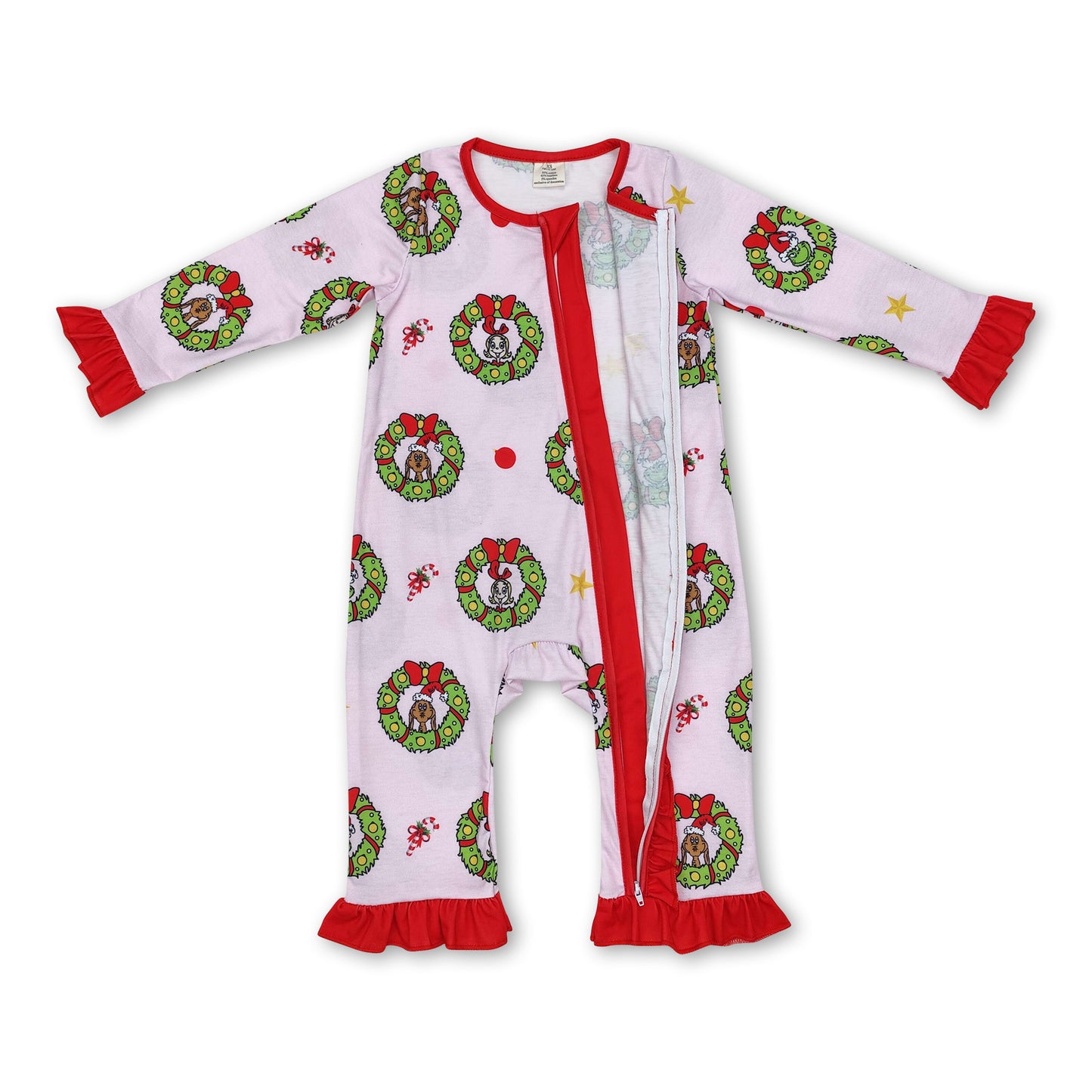 Pink green face ruffle baby girl Christmas zipper romper