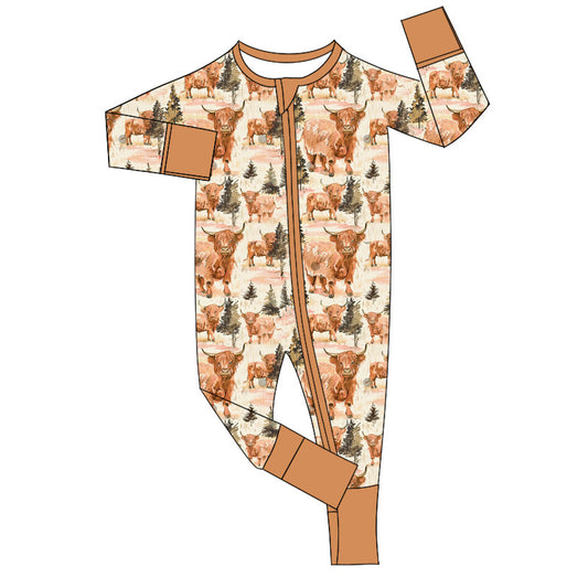 Long sleeves highland cow trees baby kids zipper romper