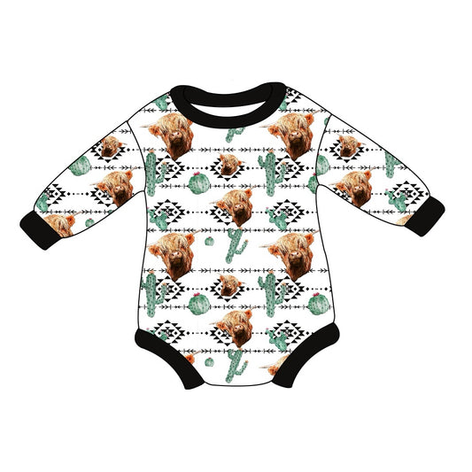 Black long sleeves highland cow aztec cactus baby romper