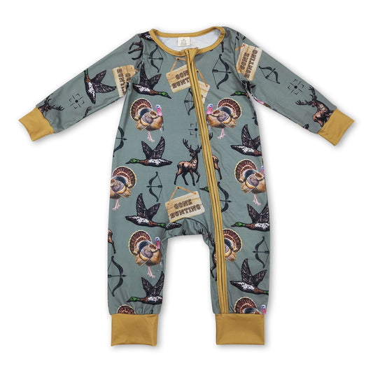 Gone hunting duck deer turkey baby boy zipper romper ship from US