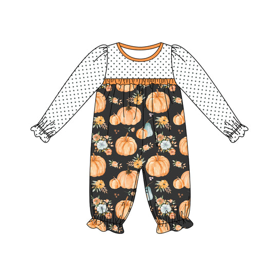 Polka dots pumpkin floral baby girls fall romper