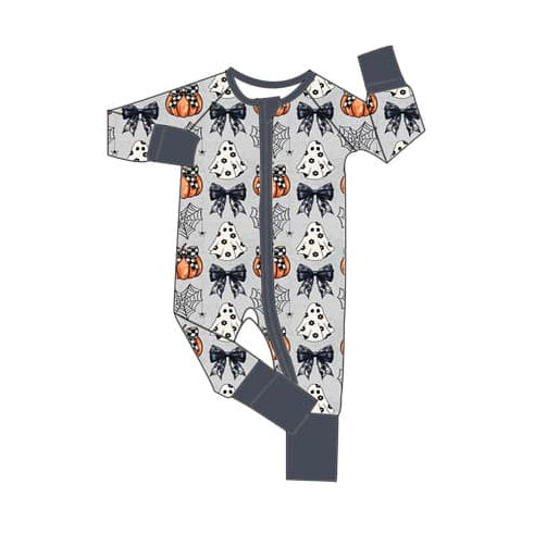 Grey ghost pumpkin bow baby girls Halloween zipper romper