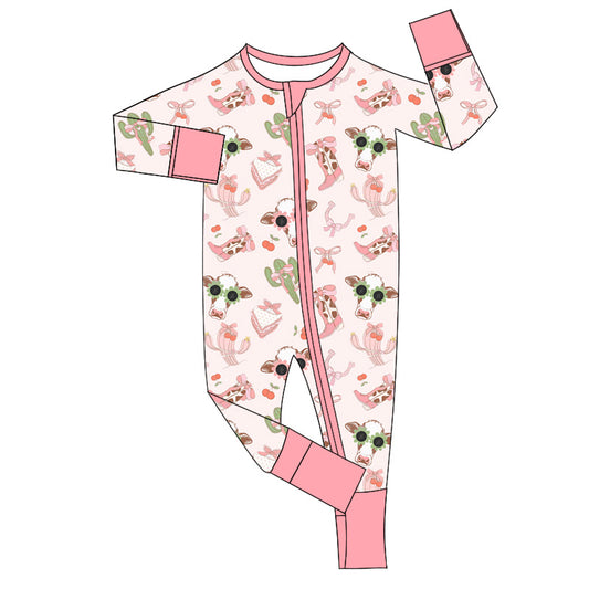 Pink cows cactus boots baby western zipper romper