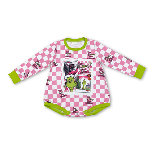 Pink plaid green face baby girls Christmas romper