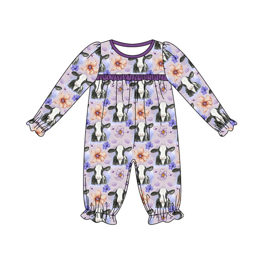 Long sleeves purple floral ruffle cow girls romper