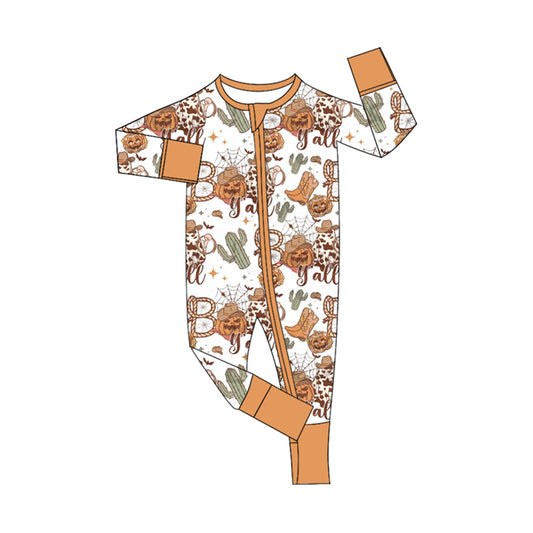 Boo y'all cactus pumpkin baby western Halloween zipper romper