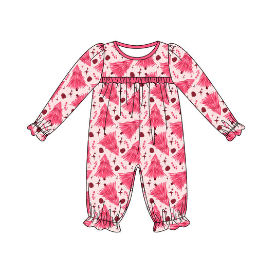 Long sleeves pink Christmas tree baby girls romper