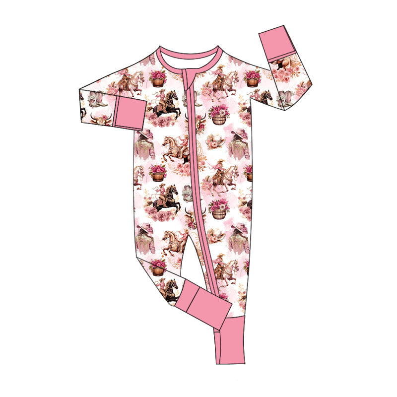 Pink horse floral rodeo western baby girls zipper romper