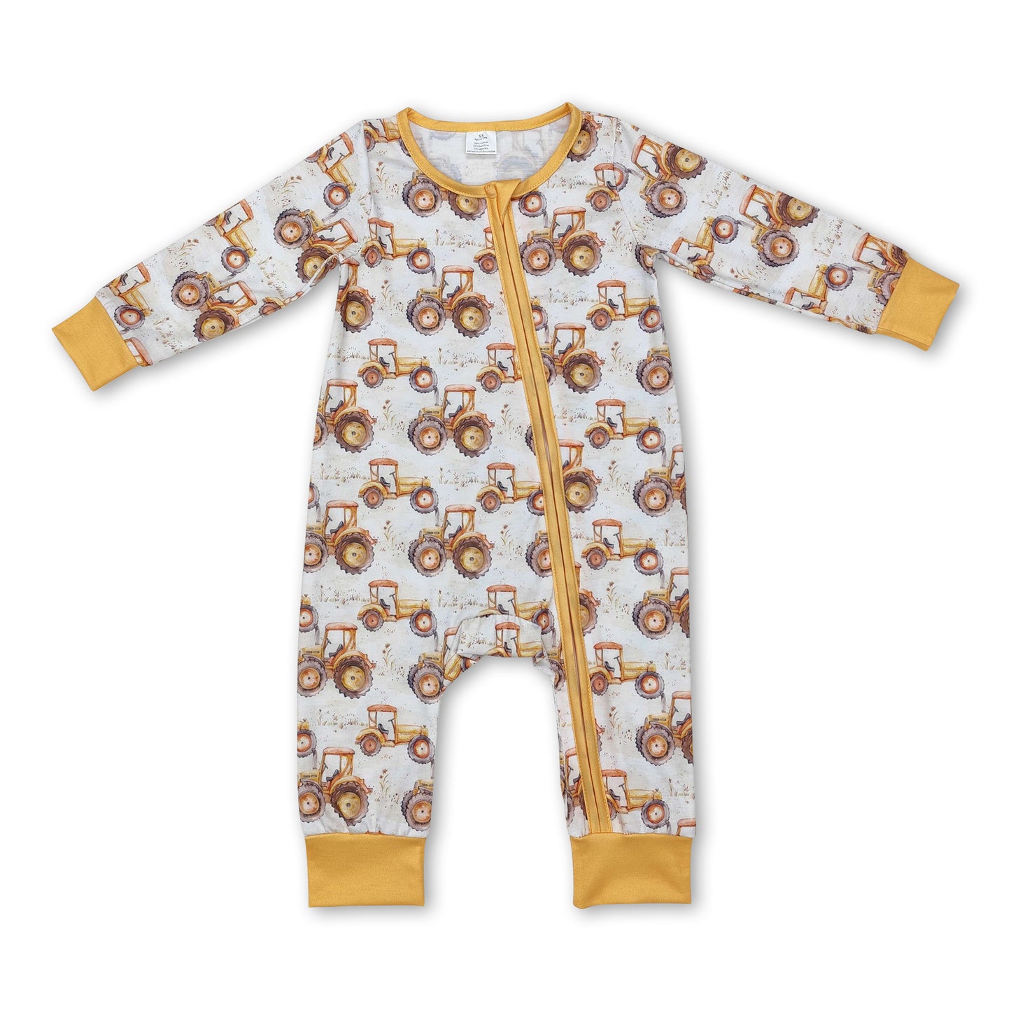 Yellow long sleeves tractor farm baby fall zipper romper