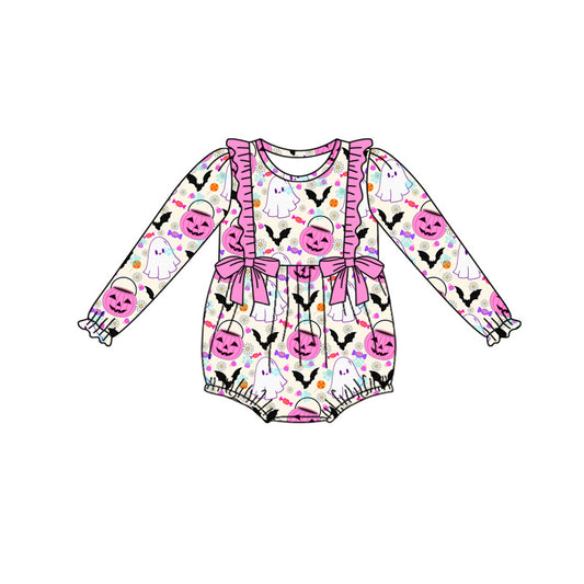 Pink ruffle pumpkin basket ghost baby Halloween romper