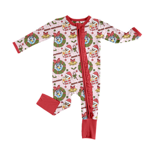 Red Christmas tree dog gift baby girls zipper romper