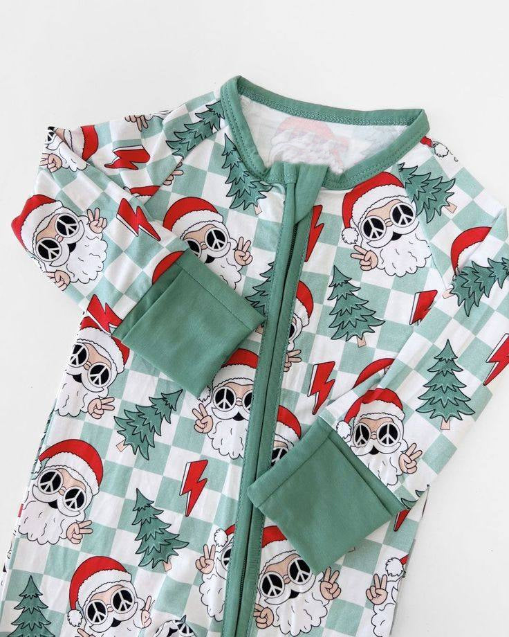 Plaid Christmas tree snata groovy baby zipper romper