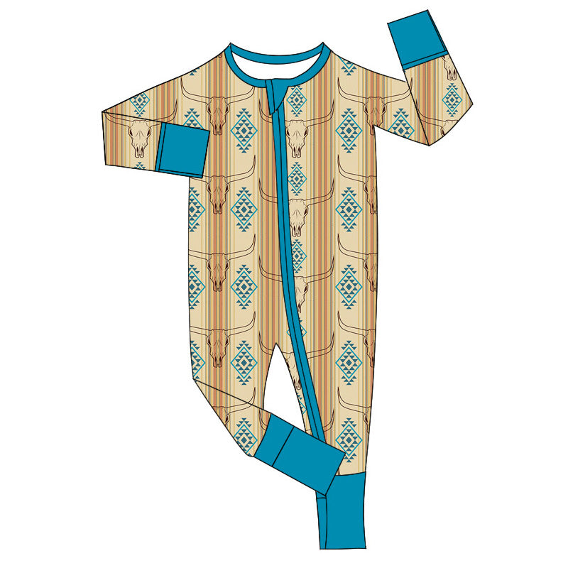 Blue aztec bull skull baby kids western zipper romper