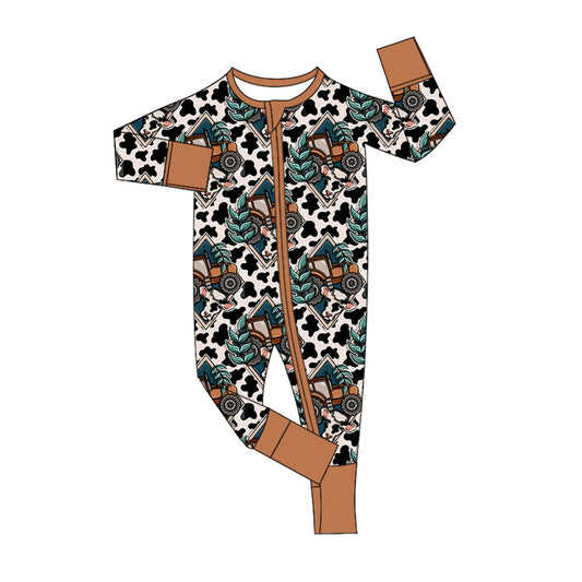 Cow print western baby boy zipper romper