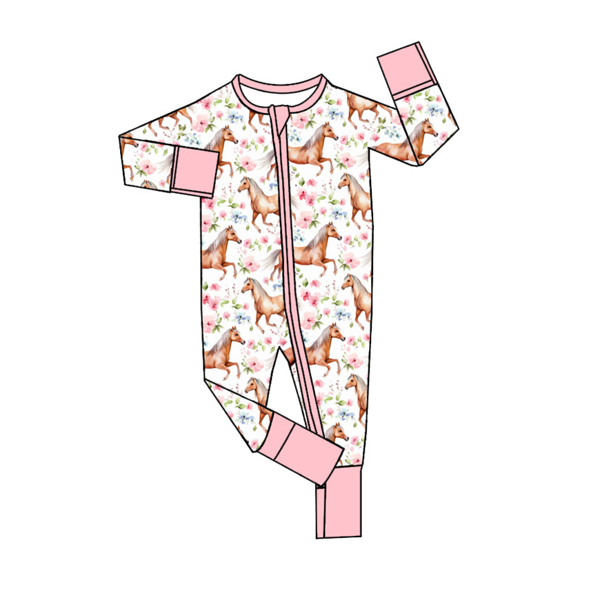 Pink horse floral baby girls zipper romper