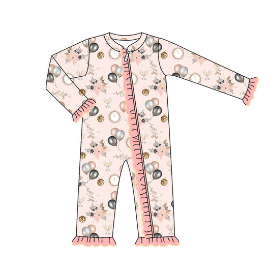 Pink balloon floral baby girls Happy New Year zip romper