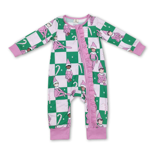 Pink Christmas hat plaid baby girls zipper romper