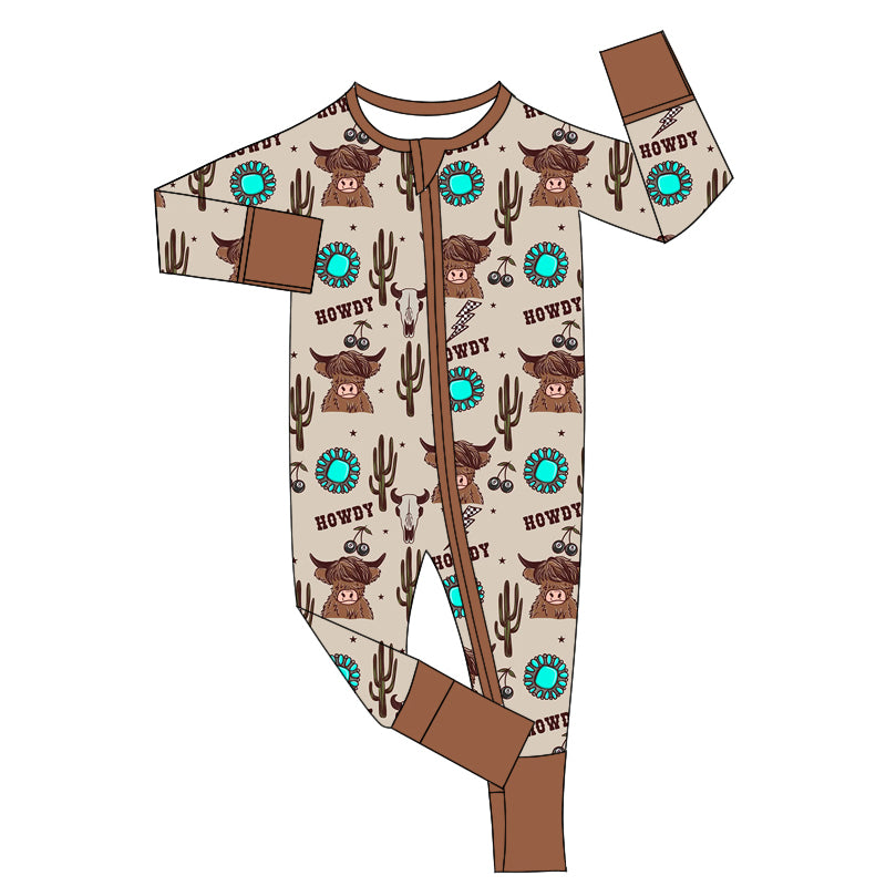 Long sleeves highland cow cactus baby boy western romper