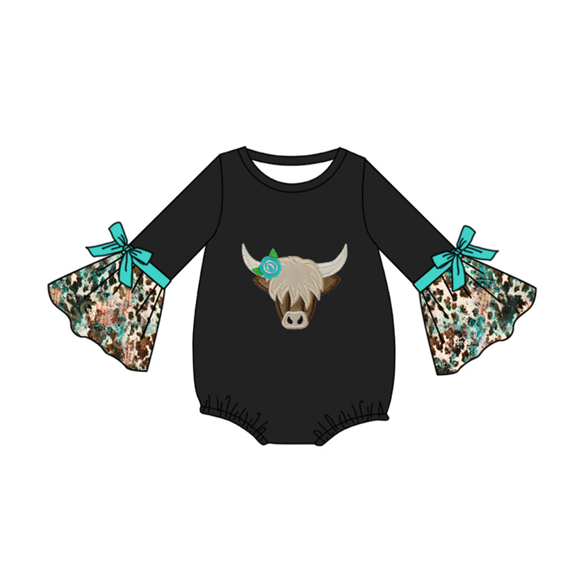 Black long sleeves highland cow baby girls romper