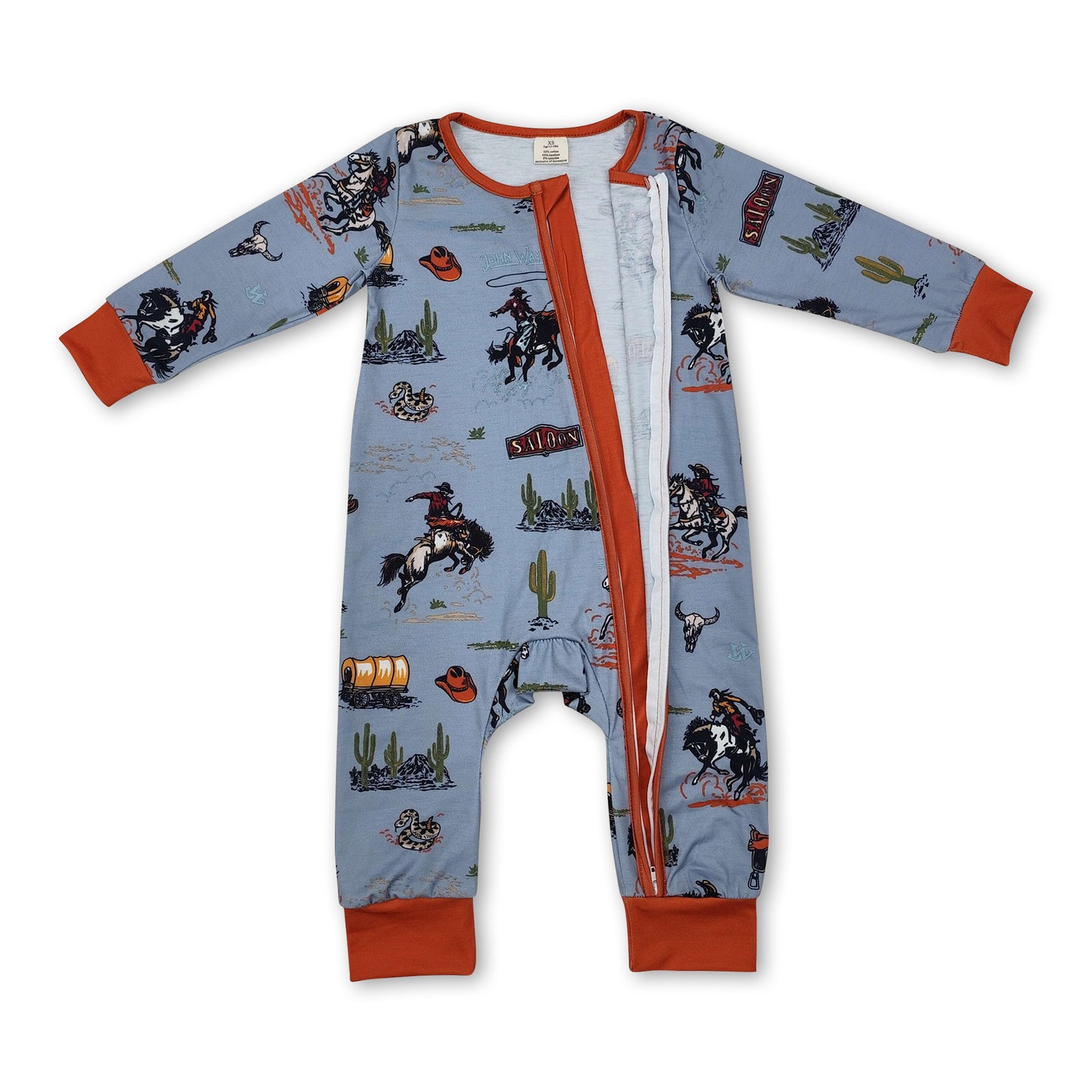 Brown sleeves cactus rodeo baby boy western zipper romper