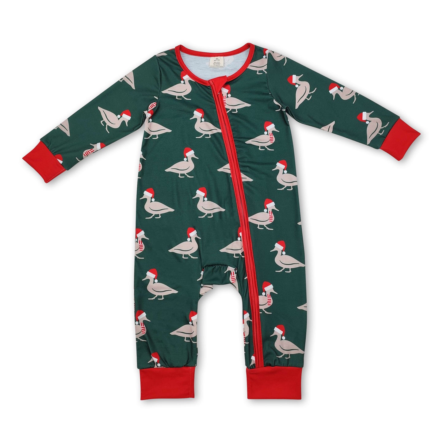 Green Christmas hat duck baby boy zipper romper