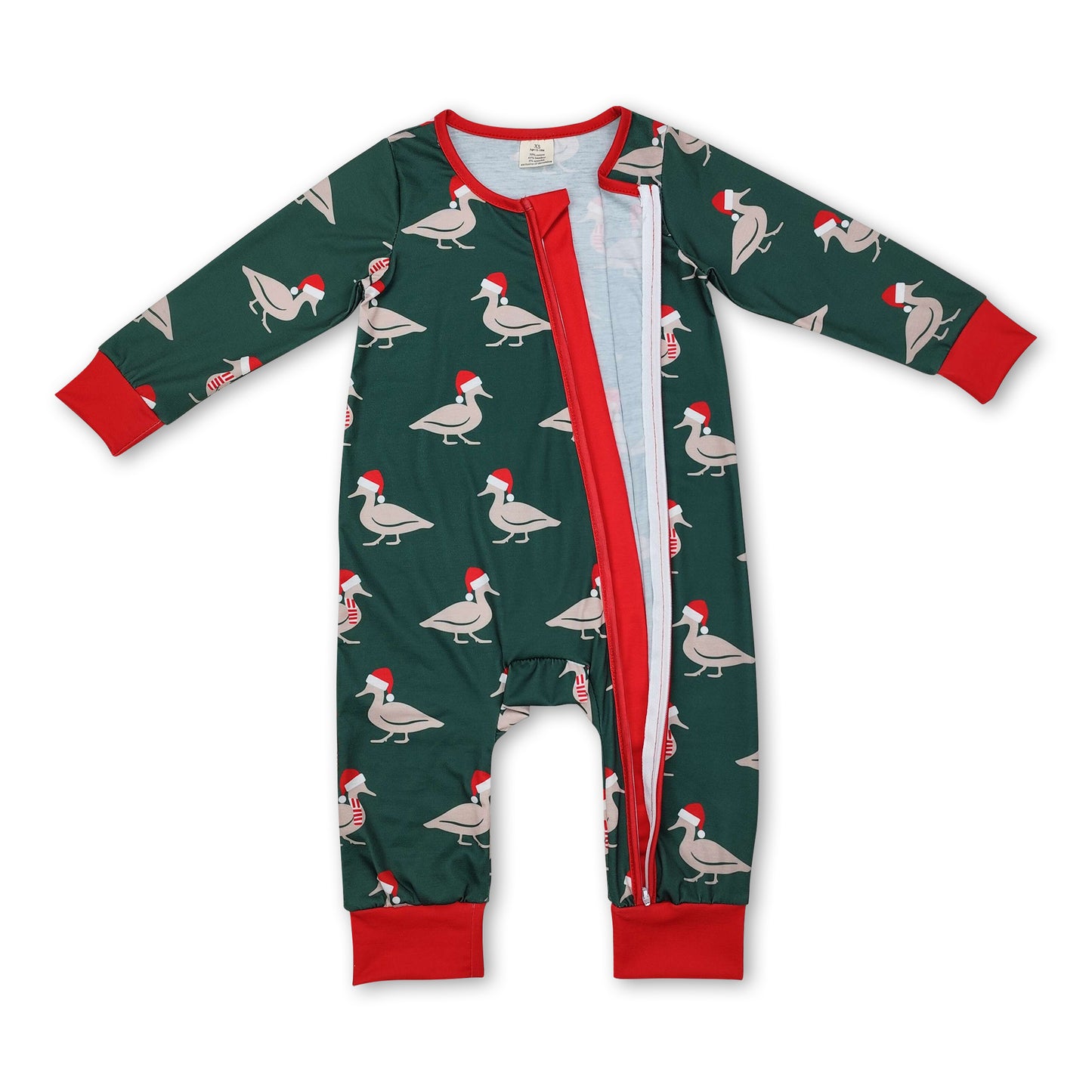 Green Christmas hat duck baby boy zipper romper