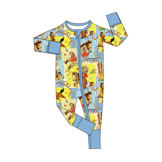 Light blue long sleeves horse rodeo baby kids zipper romper