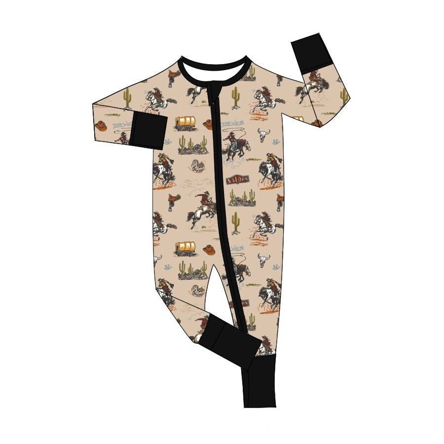Long sleeves cactus horse rodeo baby boy western zip romper