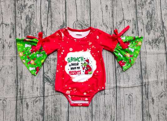 Ruffle long sleeves green face presents baby Christmas romper