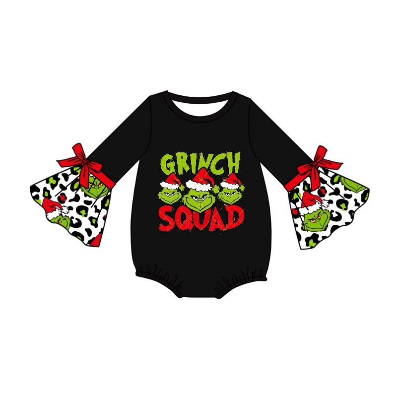 Green face squad leopard ruffle baby girls Christmas romper