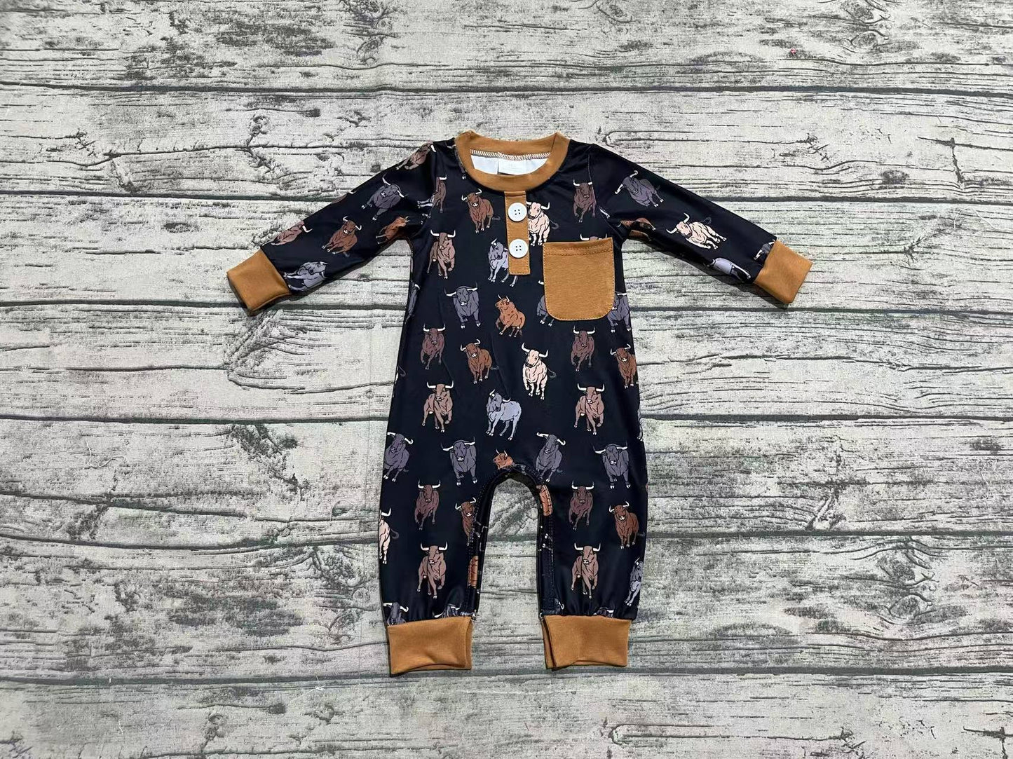 Long sleeves pocket cows baby boy western romper