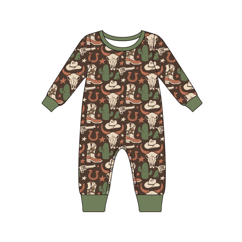 Long sleeves bull skull cactus baby boy western romper