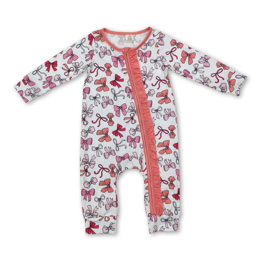 Pink ruffle long sleeves bow baby girls zipper romper ship from US