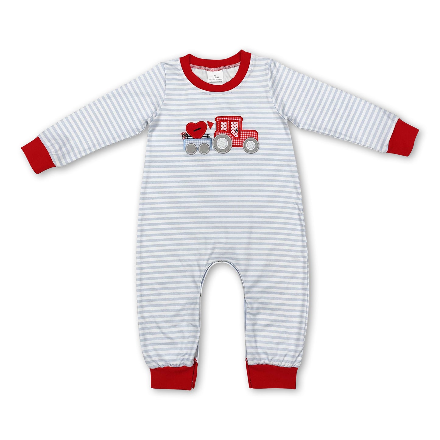 Grey stripe heart truck baby boy valentine's romper