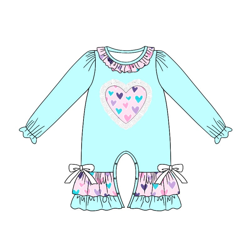 Aqua heart long sleeves baby girls valentine's day romper