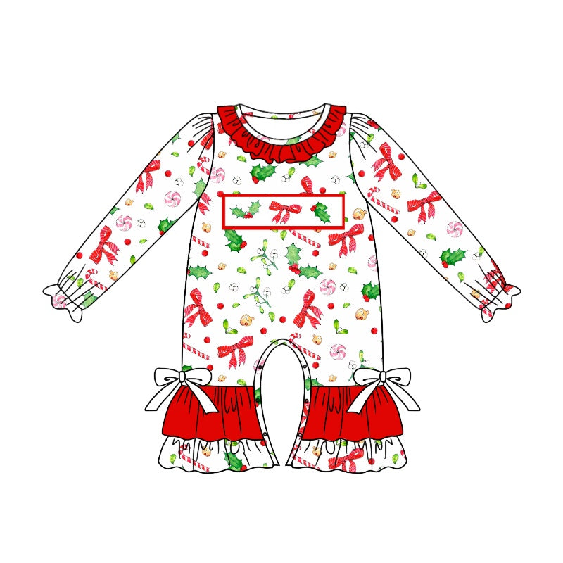 Berry bow candy cane long sleeves girls Christmas romper