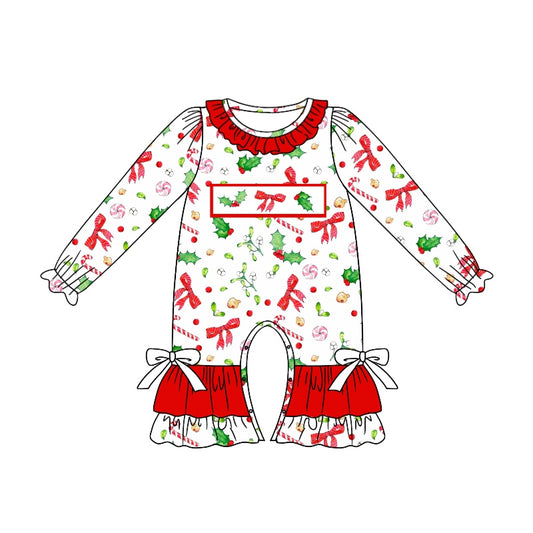 Berry bow candy cane long sleeves girls Christmas romper