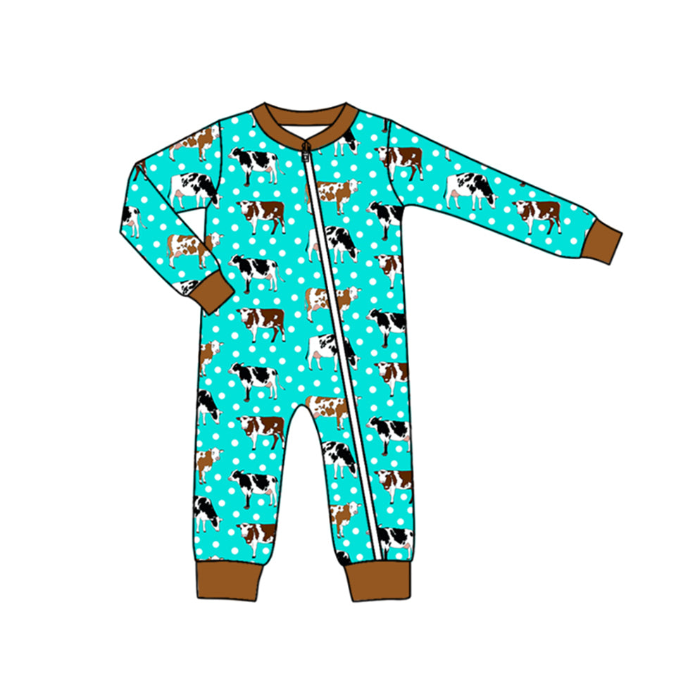 Long sleeves cows polka dots baby boys zipper romper