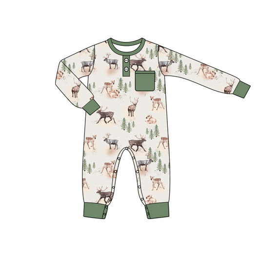 Long sleeves pocket deer trees baby boy romper