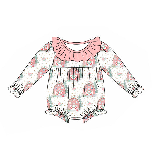 Pink ruffle Christmas tree farm baby girls romper