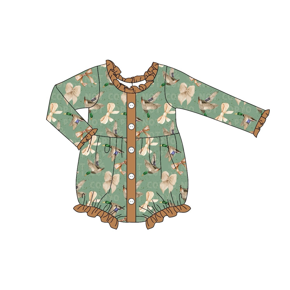 Ruffle long sleeves bow duck baby girls hunting romper