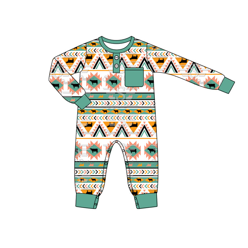 Long sleeves aztec cows baby boy western romper