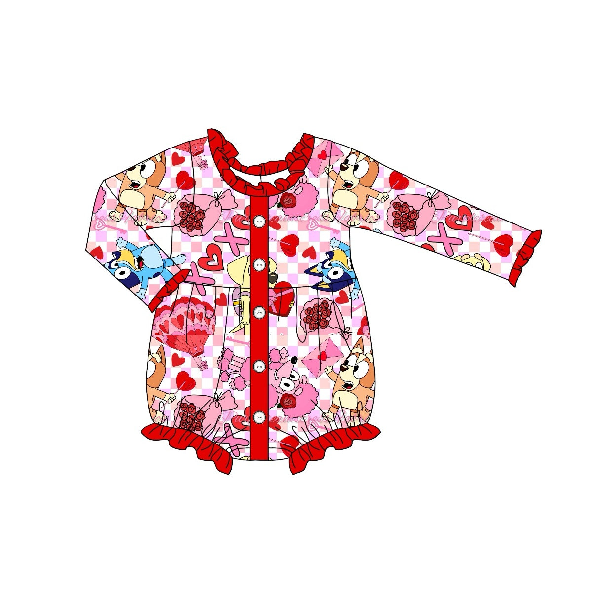 Red ruffle plaid heart dog baby girls valentine's romper