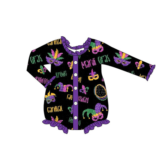 Purple ruffle button baby girls mardi gras romper